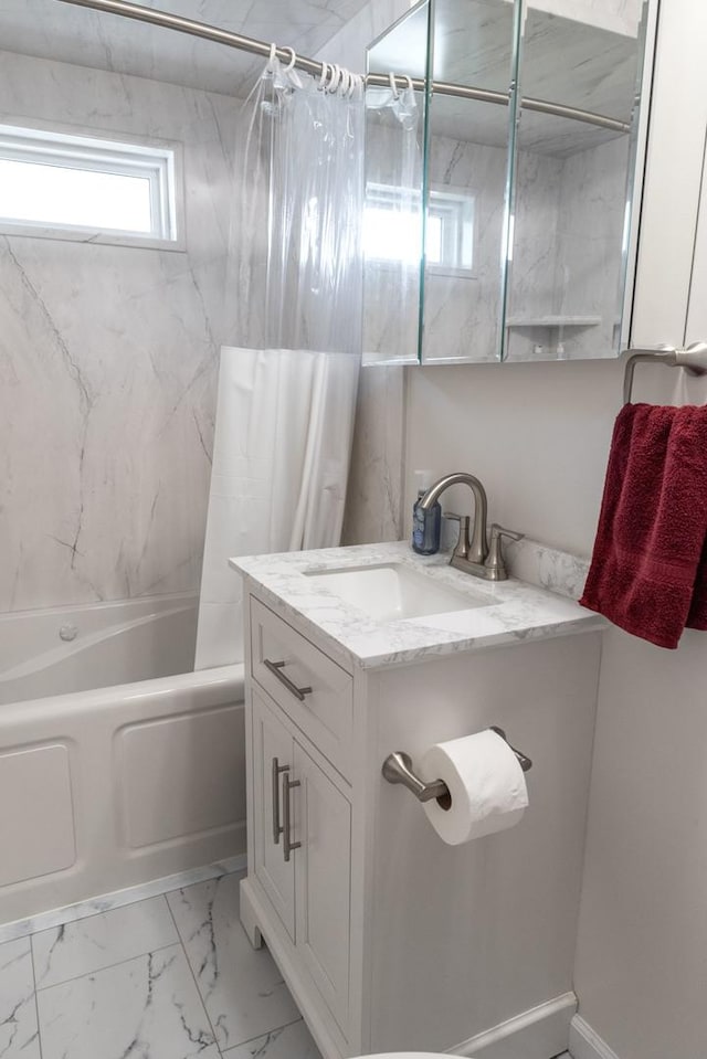 509 Waverly Ave, Streamwood, IL 60107 - bathroom featuring shower / bathtub combination with curtain, vanity, and marble look tiles