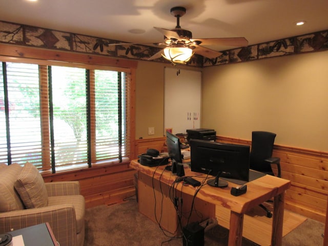 24099 W Haidi Ln, Lake Villa, IL 60046 - office area with a ceiling fan, a wainscoted wall, and wood walls