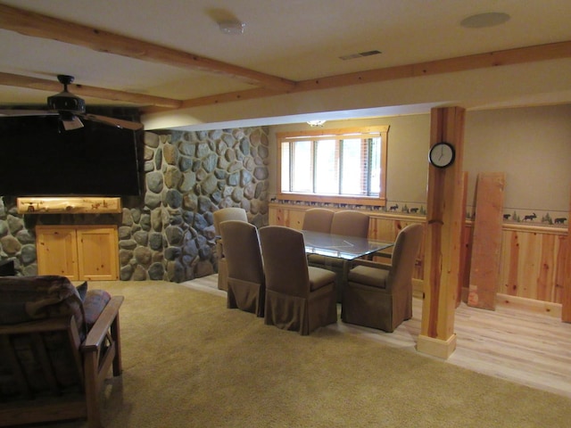24099 W Haidi Ln, Lake Villa, IL 60046 - dining space featuring beamed ceiling, a ceiling fan, and carpet flooring