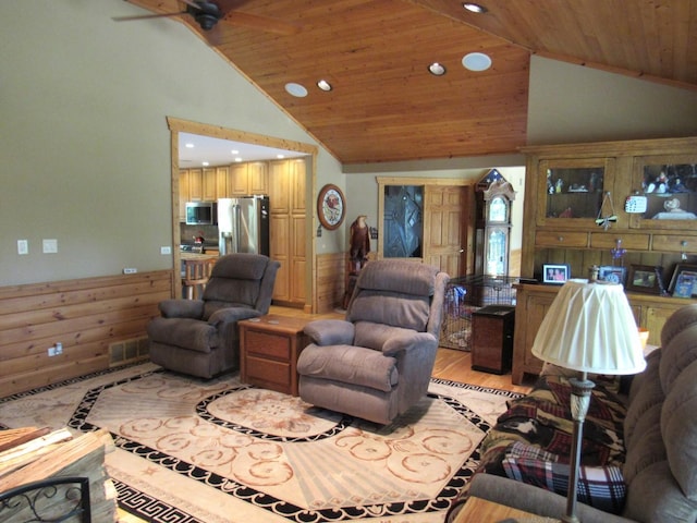 24099 W Haidi Ln, Lake Villa, IL 60046 - living area with high vaulted ceiling, ceiling fan, wooden ceiling, recessed lighting, and light wood finished floors