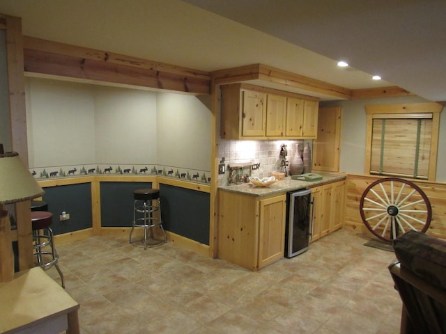 24099 W Haidi Ln, Lake Villa, IL 60046 - kitchen with light brown cabinetry, recessed lighting, tasteful backsplash, light countertops, and beverage cooler