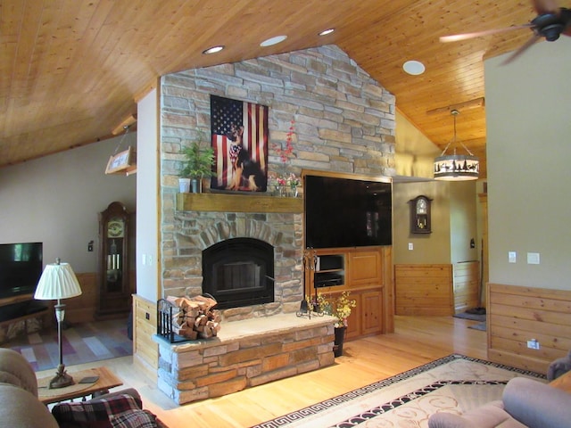 24099 W Haidi Ln, Lake Villa, IL 60046 - living room featuring wood ceiling, wainscoting, wood finished floors, vaulted ceiling, and ceiling fan