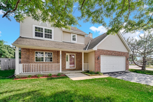 643 N Bridgeport Ter, Lindenhurst, IL 60046 - traditional-style home with brick siding, a porch, an attached garage, concrete driveway, and a shingled roof