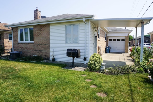 7632 W Norridge St, Harwood Heights, IL 60706 - view of home's exterior featuring a chimney, an attached garage, brick siding, a lawn, and concrete driveway