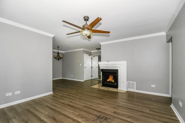 7000 Remington Ct Unit 102, Woodridge, IL 60517 - unfurnished living room with a fireplace with flush hearth, ceiling fan, ornamental molding, wood finished floors, and a chandelier