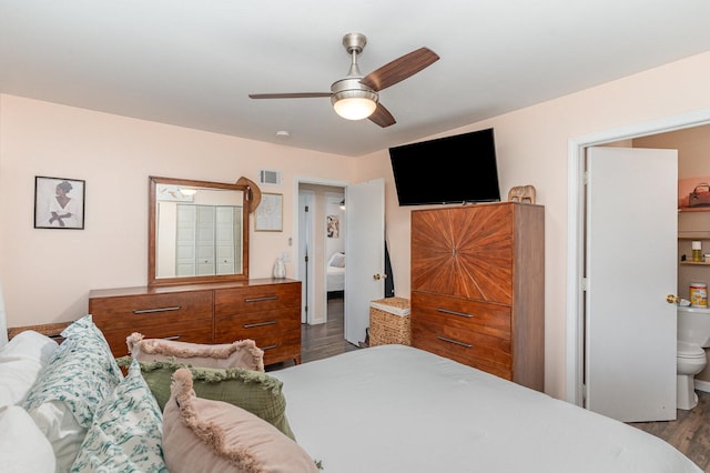 2308 Maple Ln, Rolling Meadows, IL 60008 - bedroom featuring wood finished floors, ceiling fan, and ensuite bathroom