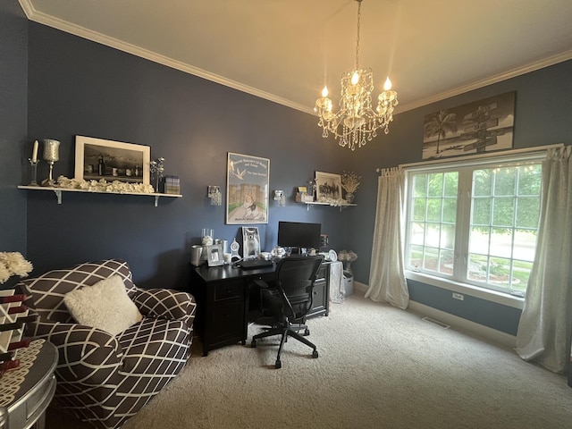 12534 Lily Ln, Plainfield, IL 60585 - carpeted office featuring ornamental molding and a chandelier