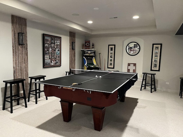 12534 Lily Ln, Plainfield, IL 60585 - recreation room featuring carpet floors, a tray ceiling, and recessed lighting