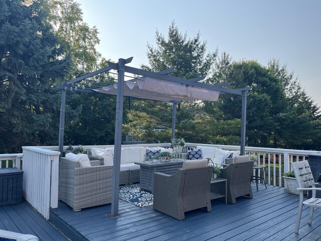 12534 Lily Ln, Plainfield, IL 60585 - wooden terrace with a pergola, outdoor lounge area, and outdoor dining space