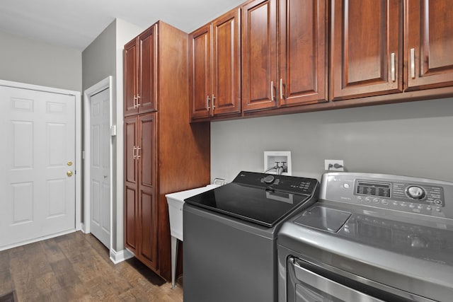 11248 Melrose Ct, Orland Park, IL 60467 - laundry area featuring washer and dryer, cabinet space, and dark wood-style flooring