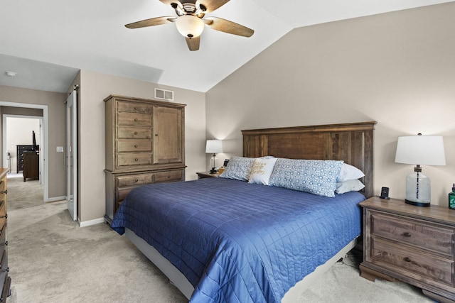 11248 Melrose Ct, Orland Park, IL 60467 - bedroom with light colored carpet, lofted ceiling, and a ceiling fan