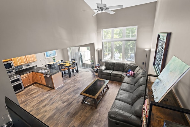 11248 Melrose Ct, Orland Park, IL 60467 - living area featuring high vaulted ceiling, a ceiling fan, and dark wood-style flooring
