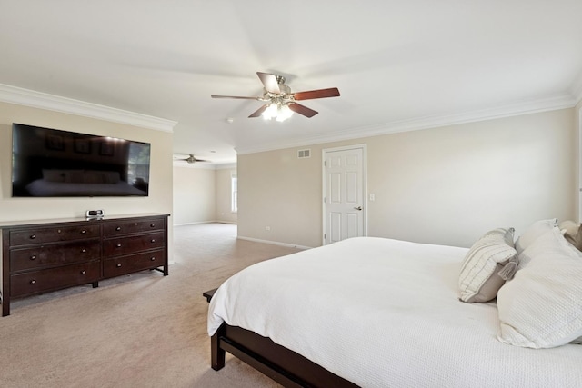 6072 Westminster Ln, Gurnee, IL 60031 - bedroom with ornamental molding, light carpet, and a ceiling fan