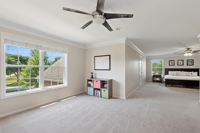 6072 Westminster Ln, Gurnee, IL 60031 - bedroom featuring crown molding, light carpet, and a ceiling fan