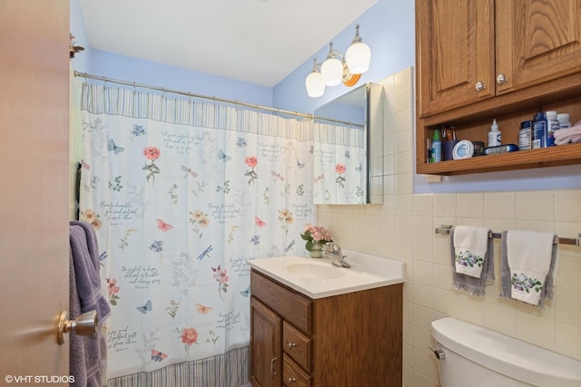3513 Woodland Cir, Island Lake, IL 60042 - full bath with vanity, curtained shower, tasteful backsplash, and tile walls