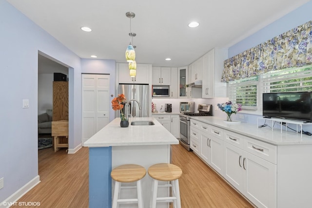 3513 Woodland Cir, Island Lake, IL 60042 - kitchen featuring appliances with stainless steel finishes, light wood finished floors, under cabinet range hood, hanging light fixtures, and glass insert cabinets