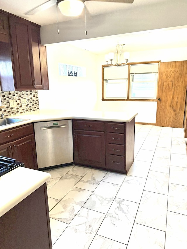 6023 W 64th St, Chicago, IL 60638 - kitchen with dishwasher, light marble finish flooring, a ceiling fan, light countertops, and decorative backsplash