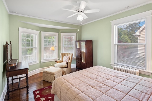 611 Lake Ave, Wilmette, IL 60091 - bedroom featuring radiator, dark wood-type flooring, ornamental molding, and a ceiling fan