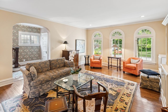 611 Lake Ave, Wilmette, IL 60091 - living area with crown molding, wood finished floors, recessed lighting, and arched walkways
