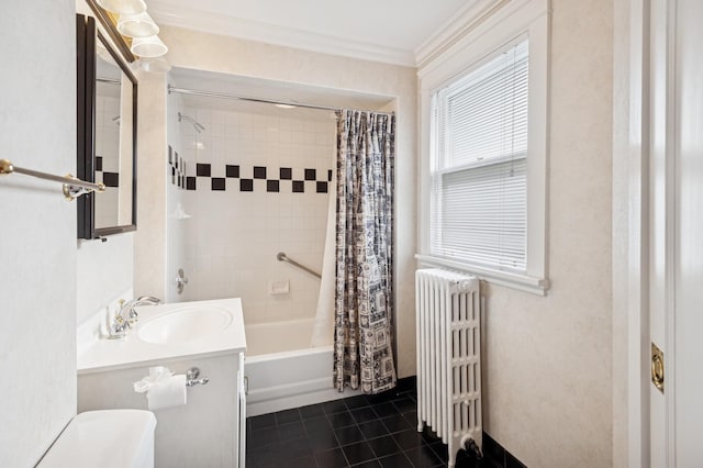 611 Lake Ave, Wilmette, IL 60091 - bathroom featuring radiator heating unit, vanity, tile patterned flooring, shower / tub combo with curtain, and ornamental molding