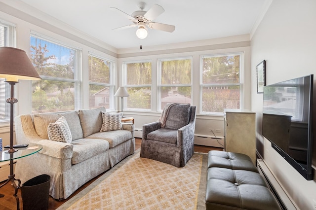 611 Lake Ave, Wilmette, IL 60091 - living room with baseboard heating, healthy amount of natural light, ceiling fan, ornamental molding, and wood finished floors