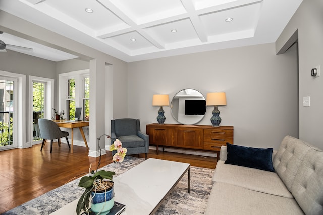 1475 W Winona St Unit 2, Chicago, IL 60640 - living area with coffered ceiling, wood finished floors, recessed lighting, an office area, and beamed ceiling