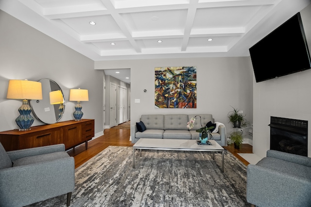 1475 W Winona St Unit 2, Chicago, IL 60640 - living area with recessed lighting, wood finished floors, coffered ceiling, beam ceiling, and a fireplace with flush hearth