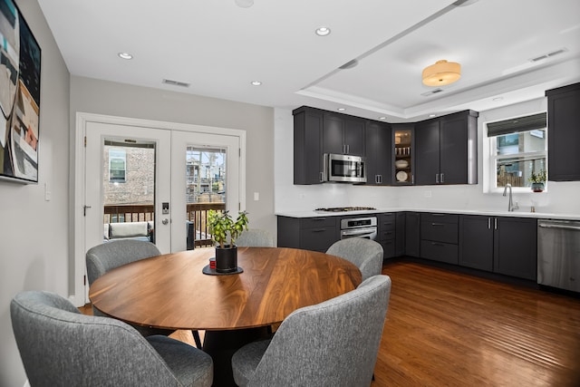 1475 W Winona St Unit 2, Chicago, IL 60640 - dining space featuring dark wood-style flooring, recessed lighting, and a raised ceiling