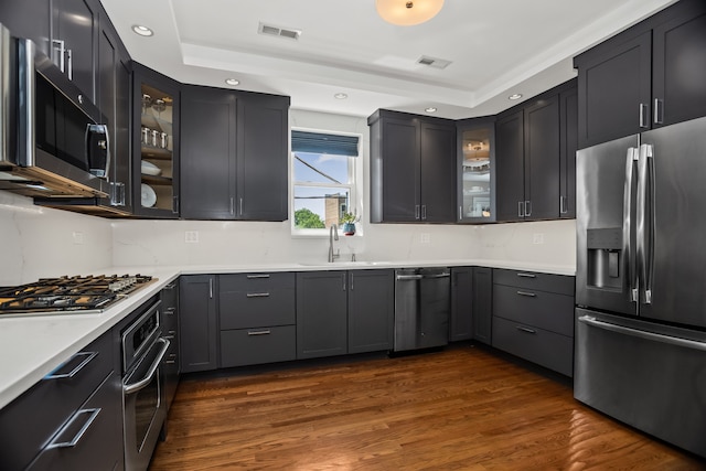 1475 W Winona St Unit 2, Chicago, IL 60640 - kitchen featuring stainless steel appliances, a tray ceiling, glass insert cabinets, light countertops, and dark wood-style flooring