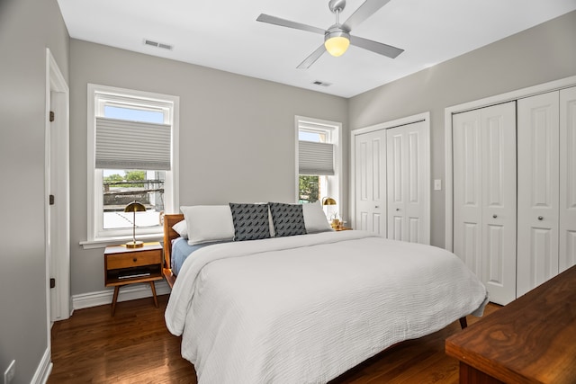 1475 W Winona St Unit 2, Chicago, IL 60640 - bedroom with two closets, wood finished floors, and ceiling fan