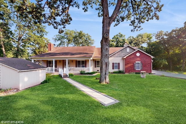 1513 Berwyn St, Spring Grove, IL 60081 - ranch-style house featuring covered porch, a chimney, a front yard, and brick siding