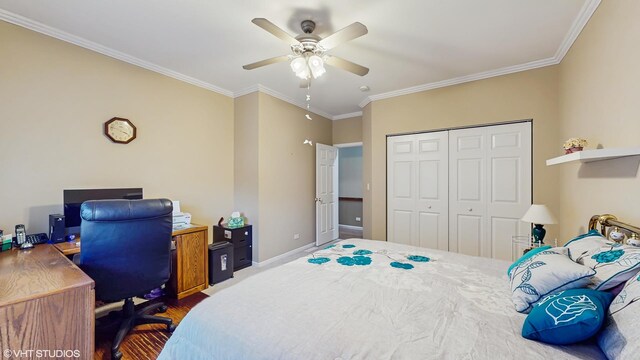 1513 Berwyn St, Spring Grove, IL 60081 - bedroom featuring a closet, ornamental molding, a desk, wood finished floors, and a ceiling fan