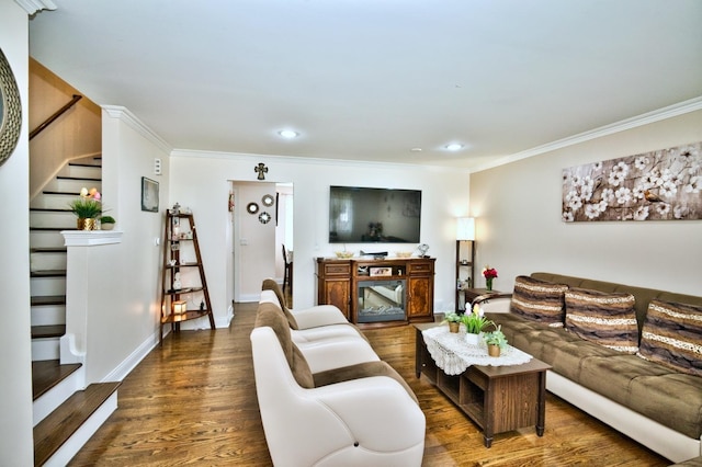 9666 Lois Dr Unit D, Des Plaines, IL 60016 - living room featuring stairs, ornamental molding, wood finished floors, and recessed lighting