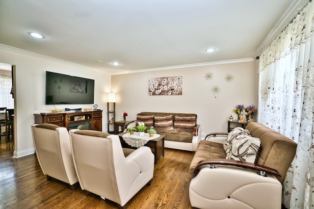 9666 Lois Dr Unit D, Des Plaines, IL 60016 - living room featuring ornamental molding, dark wood-style flooring, plenty of natural light, and recessed lighting