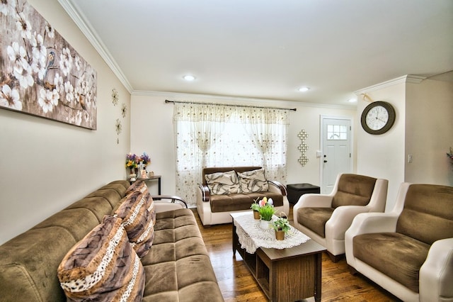 9666 Lois Dr Unit D, Des Plaines, IL 60016 - living room with ornamental molding, wood finished floors, and recessed lighting