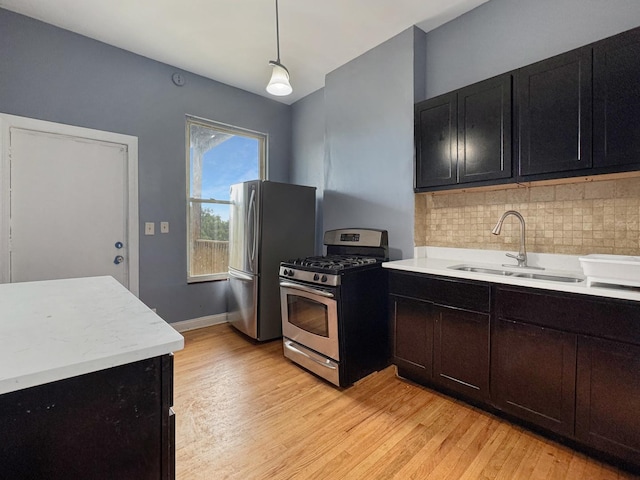 5943 S Indiana Ave, Chicago, IL 60637 - kitchen featuring stainless steel appliances, light countertops, light wood-style floors, backsplash, and pendant lighting