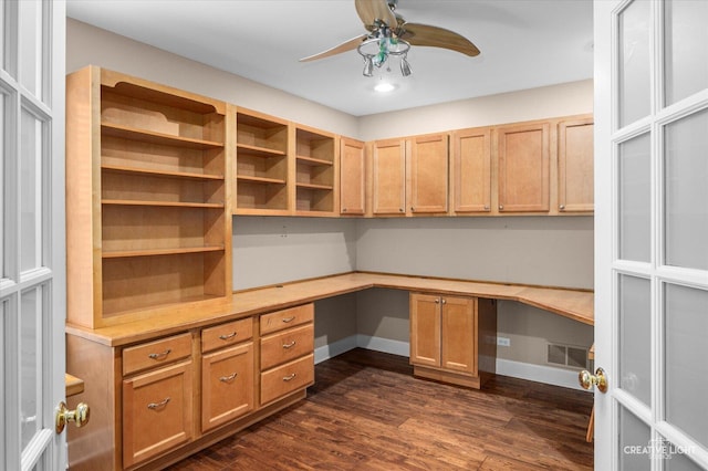 24209 Lavergne St, Plainfield, IL 60585 - unfurnished office featuring built in study area, ceiling fan, and dark wood-style flooring