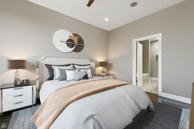 1312 W Madison St Unit 3A, Chicago, IL 60607 - bedroom featuring recessed lighting, ensuite bath, dark wood finished floors, and a ceiling fan