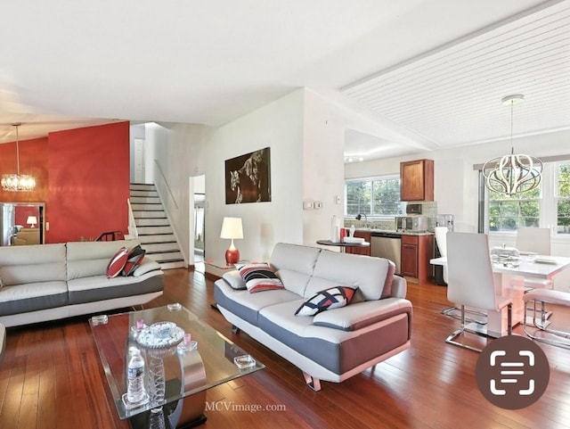 216 Cheshire Ct, Bolingbrook, IL 60440 - living area featuring a chandelier, hardwood / wood-style floors, and stairway