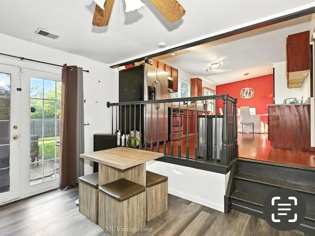 216 Cheshire Ct, Bolingbrook, IL 60440 - kitchen with stainless steel fridge, wood finished floors, and ceiling fan