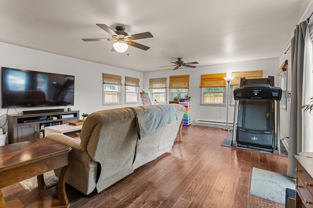 2305 Glenoak Dr, Champaign, IL 61821 - living area with a baseboard radiator, a ceiling fan, and dark wood-type flooring