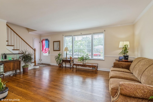 9445 Le Claire Ave, Skokie, IL 60077 - living area with wood finished floors, stairway, and ornamental molding