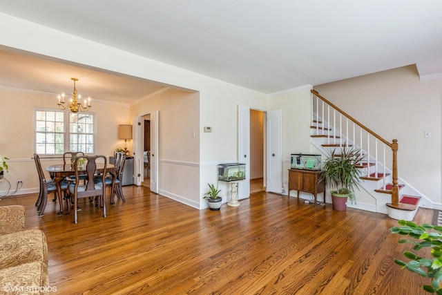9445 Le Claire Ave, Skokie, IL 60077 - living room with a chandelier, stairs, ornamental molding, and wood finished floors