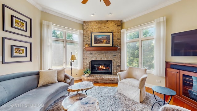 870 Legacy Rdg, Algonquin, IL 60102 - living room with a fireplace, plenty of natural light, wood finished floors, ornamental molding, and a ceiling fan