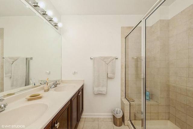 3450 S Halsted St Unit 416, Chicago, IL 60608 - bathroom featuring tile patterned floors, double vanity, and a shower stall