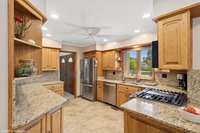 1142 N Perry Dr, Palatine, IL 60067 - kitchen with open shelves, stainless steel appliances, tasteful backsplash, a ceiling fan, and crown molding
