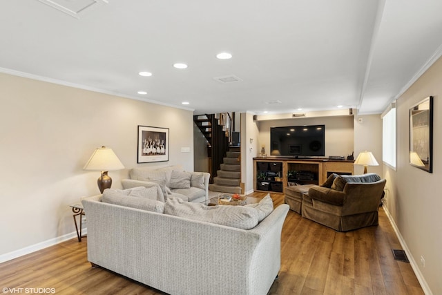 1142 N Perry Dr, Palatine, IL 60067 - living area featuring stairway, wood finished floors, ornamental molding, and recessed lighting