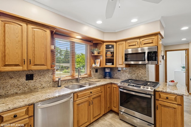 1142 N Perry Dr, Palatine, IL 60067 - kitchen with stainless steel appliances, light stone counters, tasteful backsplash, glass insert cabinets, and crown molding