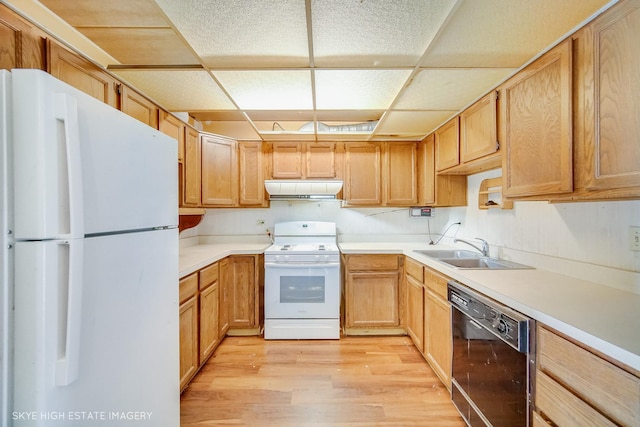 128 E Bailey Rd Unit G, Naperville, IL 60565 - kitchen with white appliances, custom range hood, light wood-style floors, a paneled ceiling, and light countertops