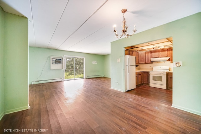 128 E Bailey Rd Unit G, Naperville, IL 60565 - unfurnished living room featuring baseboard heating, a chandelier, and dark wood-style flooring